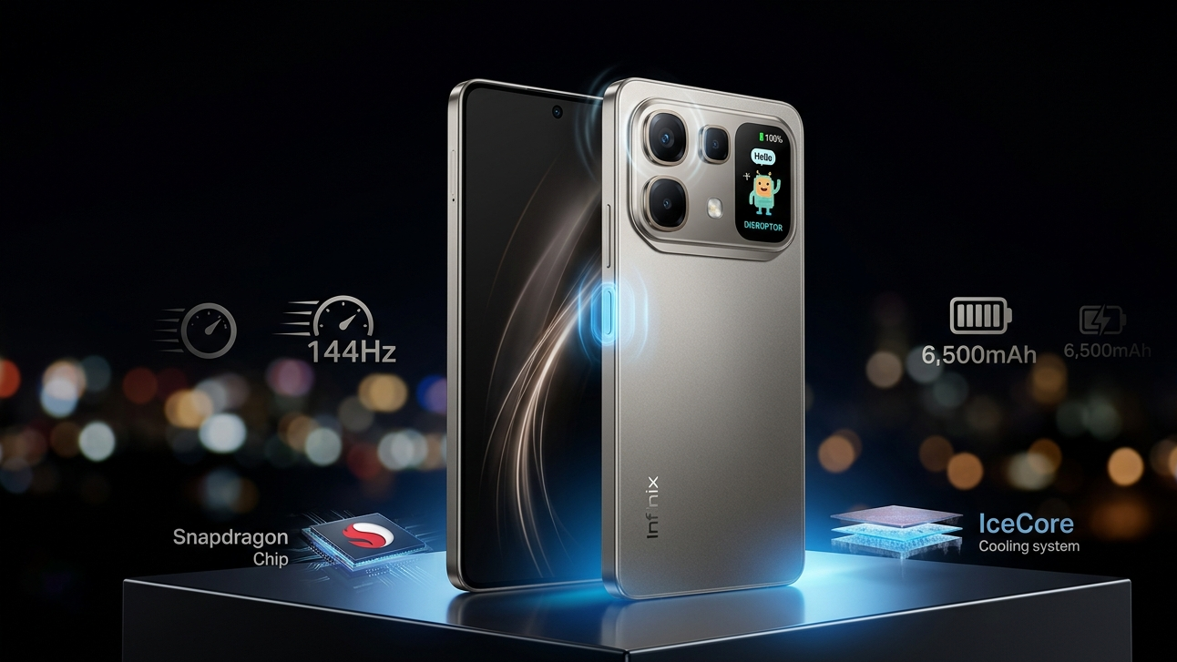 “Infinix Note 60 Pro Mist Titanium showing the rear Active Matrix display and slim 7.4mm design.”